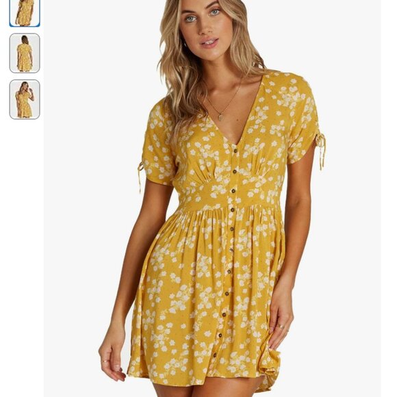 Billabong Twirl Twist Mini Dress Yellow Women's Teen Small Summer Button Front - Picture 3 of 15